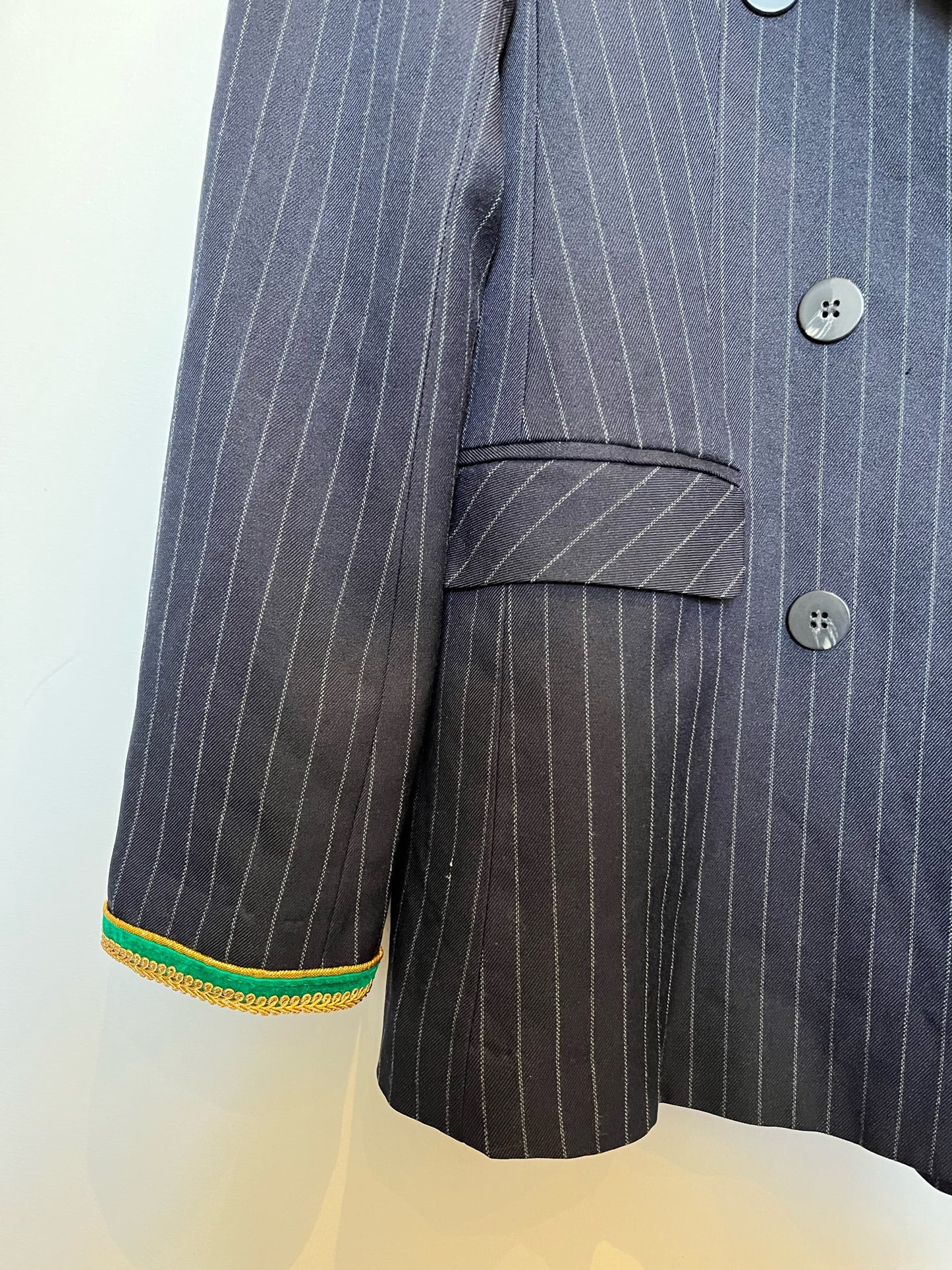 Pinstripe Blazer | Green and Gold velvet trims | SIZE 8