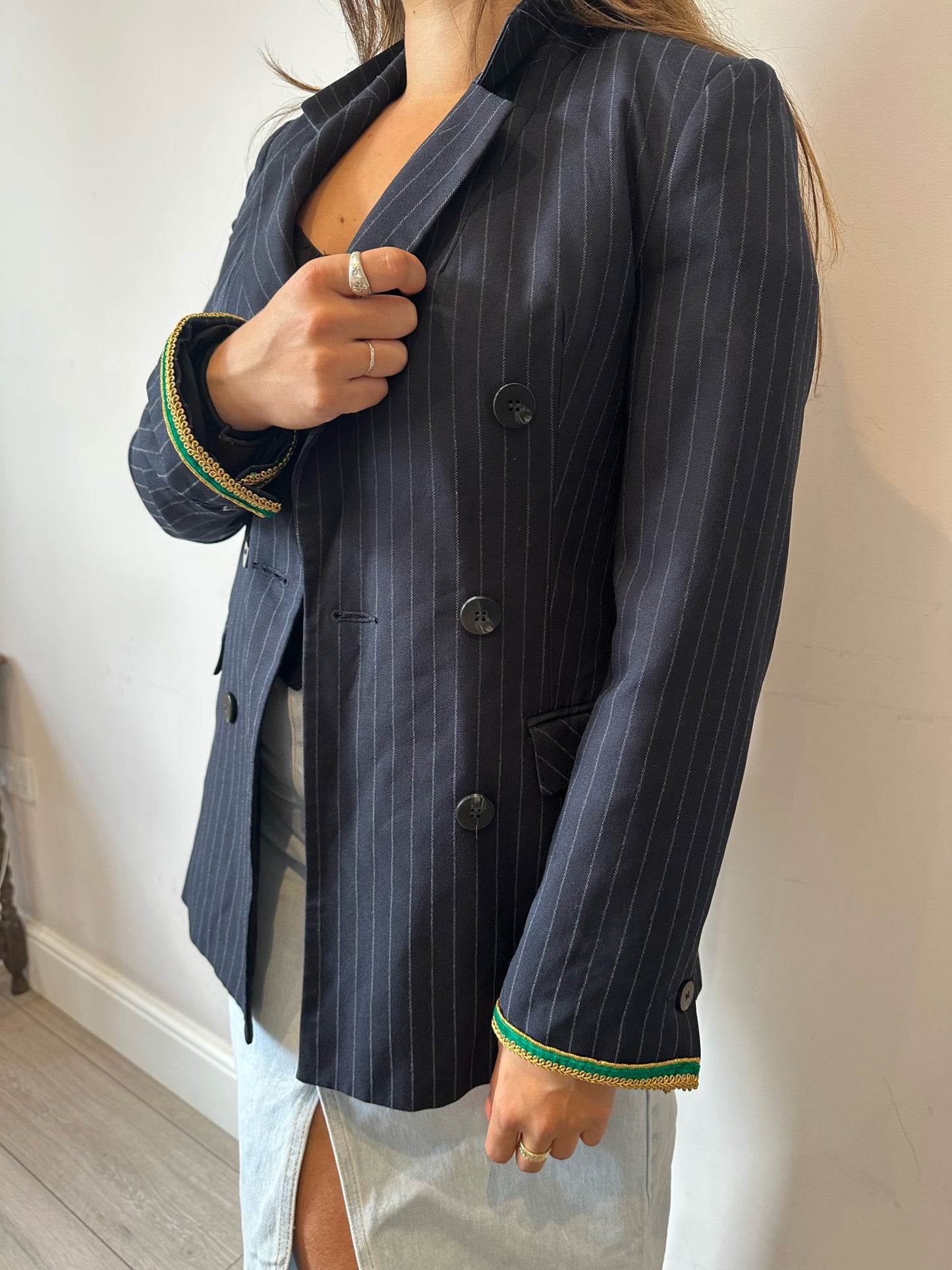 Pinstripe Blazer | Green and Gold velvet trims | SIZE 8