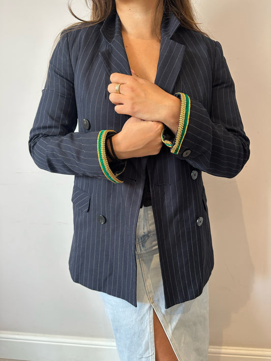 Pinstripe Blazer | Green and Gold velvet trims | SIZE 8