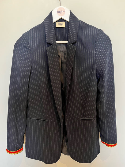 Pinstripe Blazer | Green and Gold velvet trims | SIZE 8