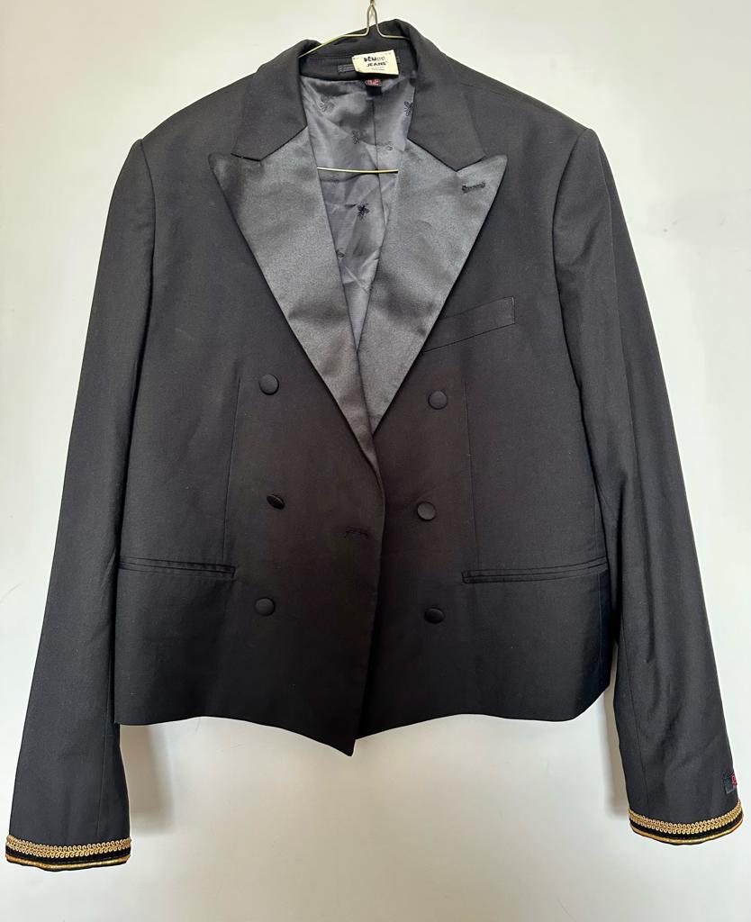 Black Blazer with Silk Lapel Collar | Skinny Black Velvet Trim | Size 14