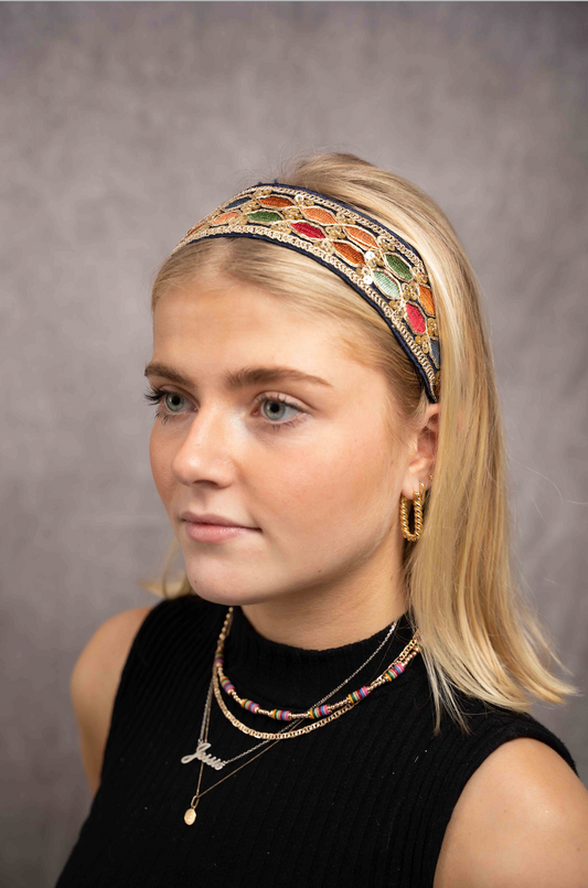 Multicolour threads in geometric pattern with gold sequin embellishment.