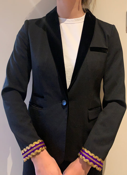 Black Blazer | Violet Velvet Cuffs | Size 10
