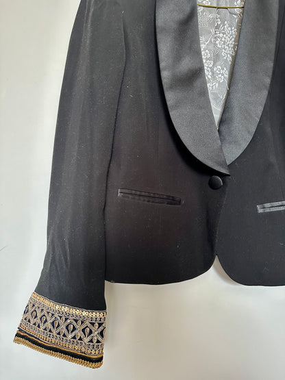 Black Blazer with Silk Lapel Collar | Black and Gold | Size 12